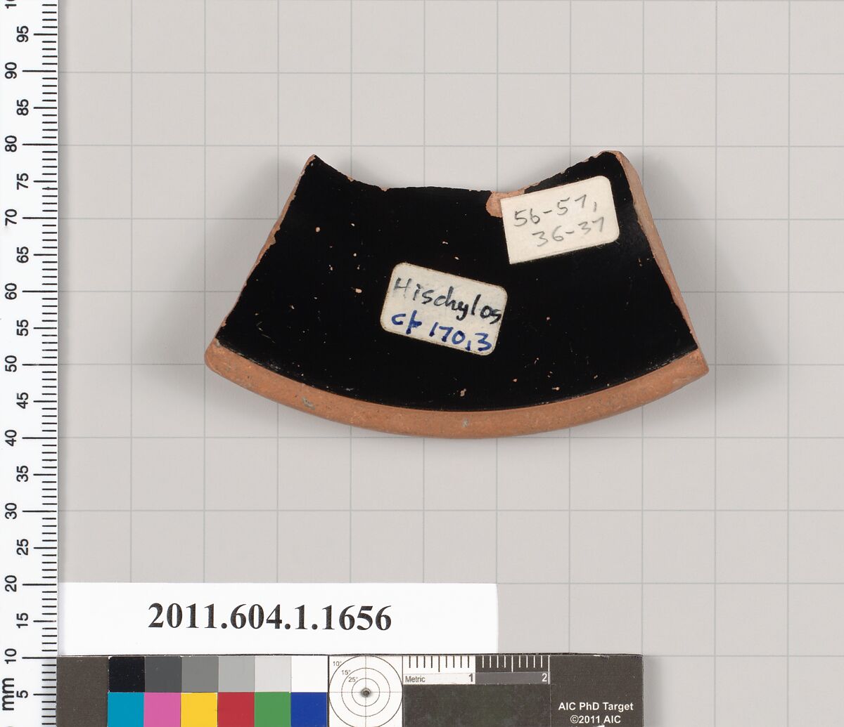 Terracotta fragment of a kylix (drinking cup), Hischylos Painter, Terracotta, Greek, Attic