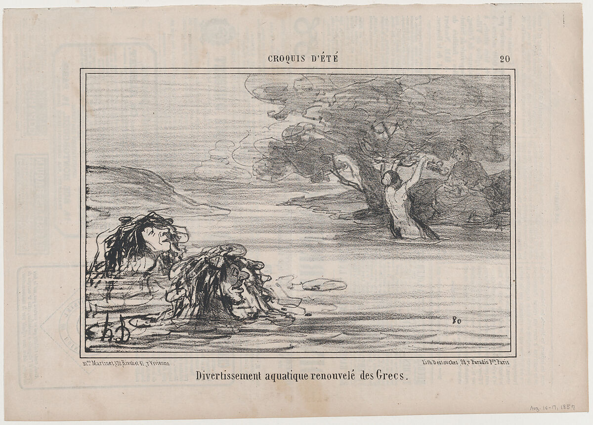 Divertissement aquatique renouvelé des Grecs, from Croquis d'Été, published in Le Charivari, August 16-17, 1857, Honoré Daumier (French, Marseilles 1808–1879 Valmondois), Lithograph on newsprint; second state of two (Delteil) 