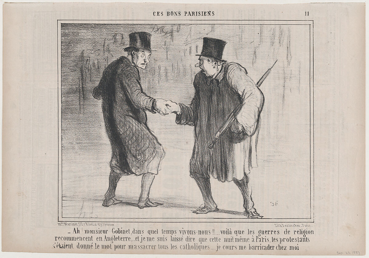 Ah! monsieur Gobinet, dans quel temps vivons-nous!..., from Ces Bons Parisiens, published in Le Charivari, Sepetember 23, 1857, Honoré Daumier (French, Marseilles 1808–1879 Valmondois), Lithograph on newsprint; second state of two (Delteil) 