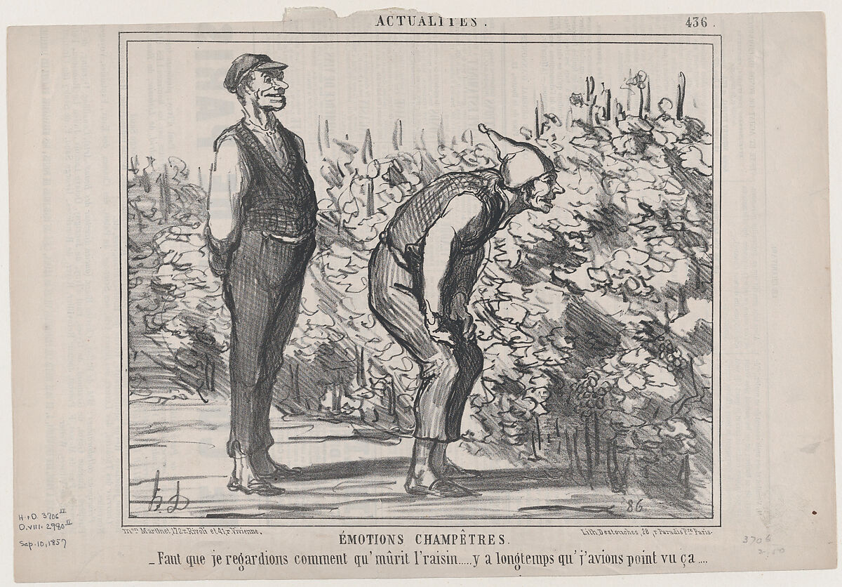 Émotions Champêtres, from Actualités, published in Le Charivari, September 10, 1857, Honoré Daumier (French, Marseilles 1808–1879 Valmondois), Lithograph on newsprint; second state of two (Delteil) 