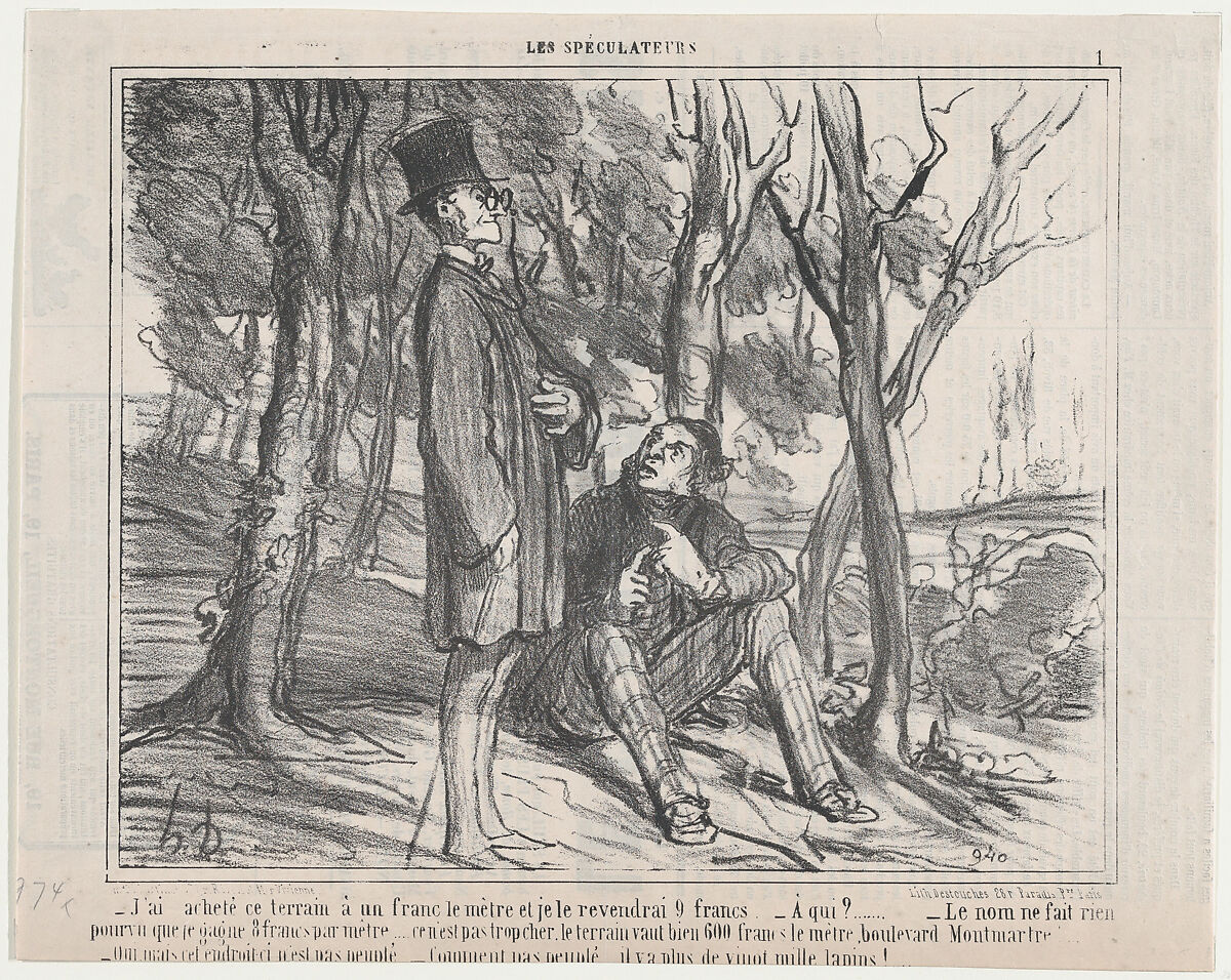J'ai acheté ce terrain à un franc..., from Les Spéculateurs, published in Le Charivari, July 7, 1857, Honoré Daumier (French, Marseilles 1808–1879 Valmondois), Lithograph on newsprint; second state of two (Delteil) 