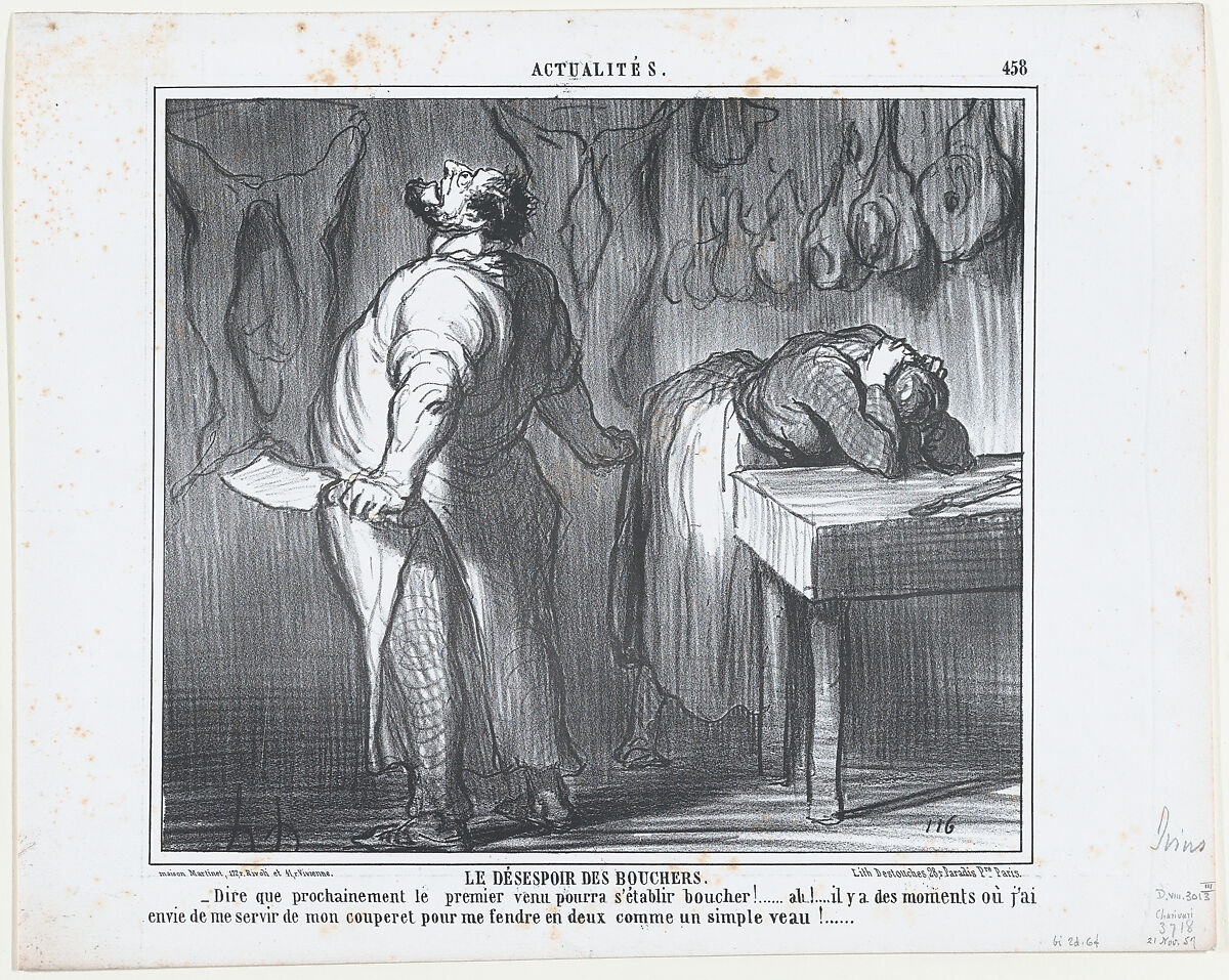 Le Désespoir des Bouchers, from Actualités, published in Le Charivari, November 21, 1857, Honoré Daumier (French, Marseilles 1808–1879 Valmondois), Lithograph; third state of three (Delteil) 