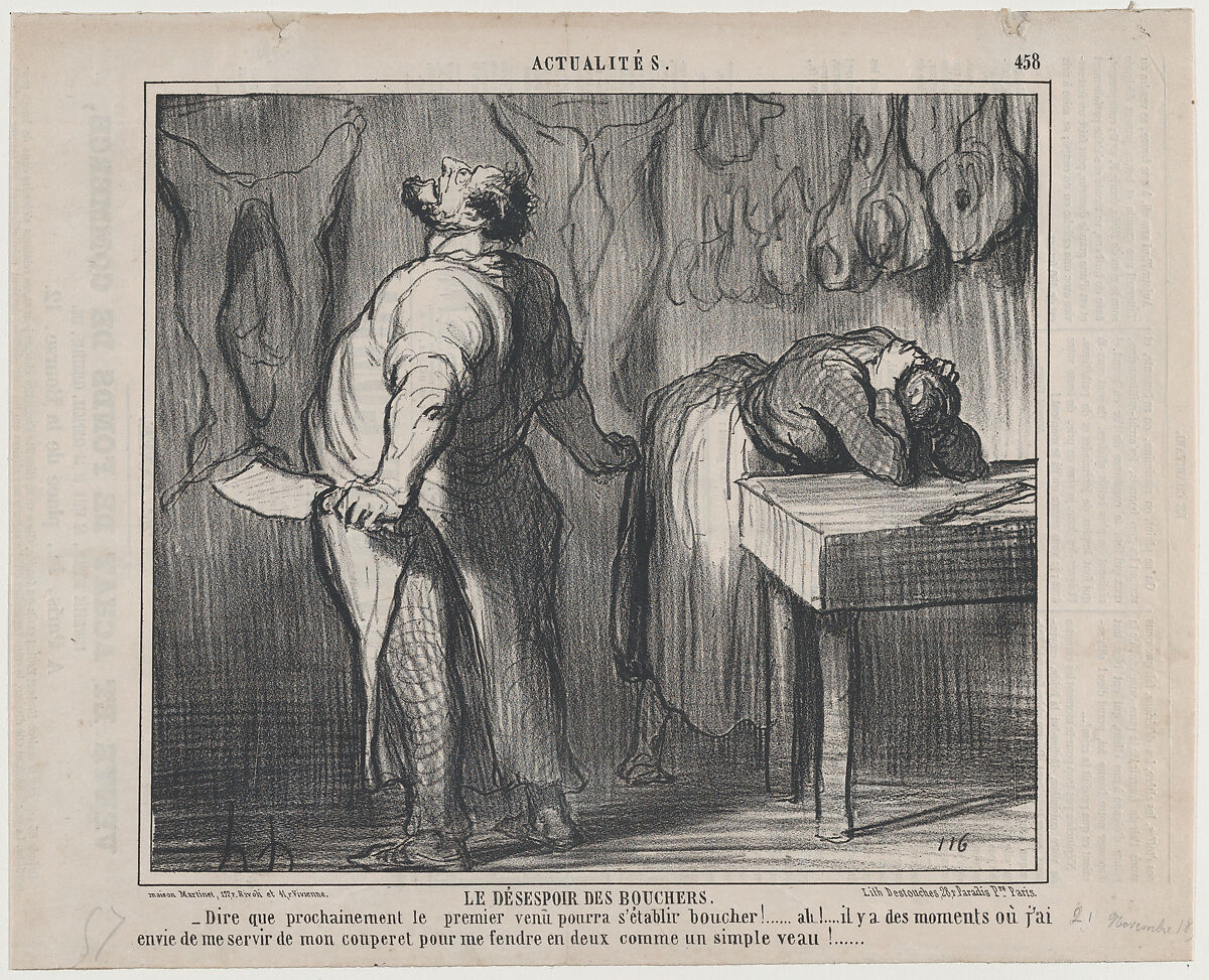 Le Désespoir des Bouchers, from Actualités, published in Le Charivari, November 21, 1857, Honoré Daumier (French, Marseilles 1808–1879 Valmondois), Lithograph on newsprint; third state of three (Delteil) 