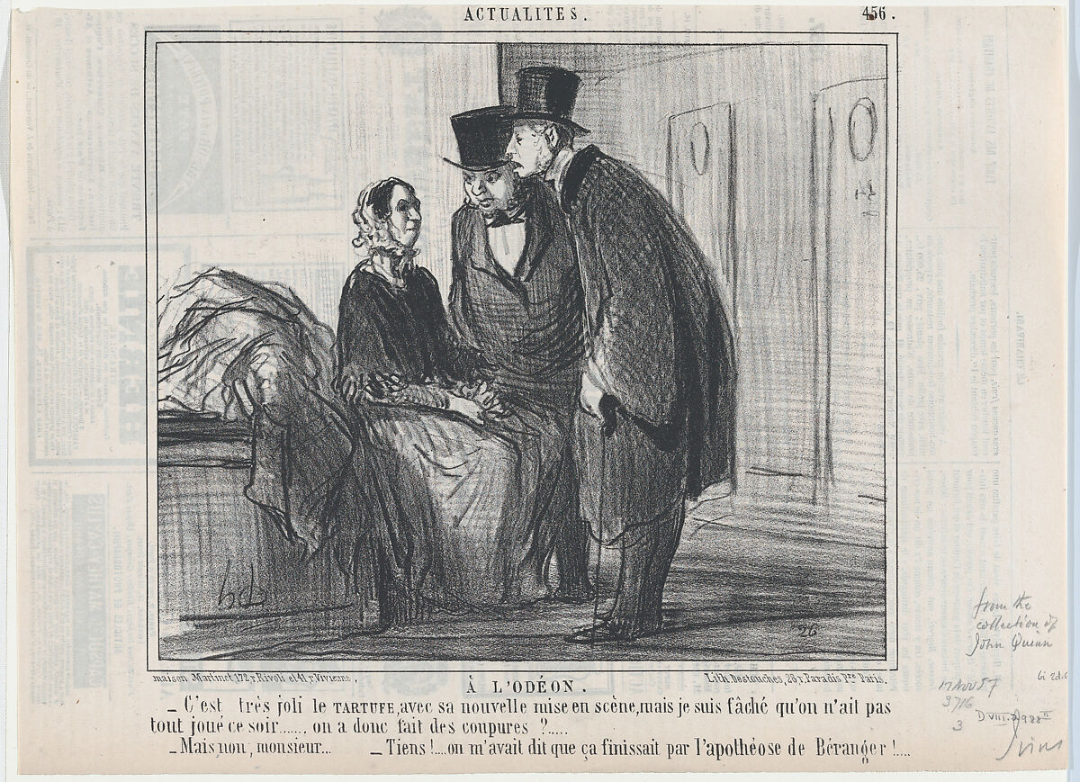 À L'Odéon, from Actualités, published in Le Charivari, November 17, 1857, Honoré Daumier (French, Marseilles 1808–1879 Valmondois), Lithograph on newsprint; second state of two (Delteil) 