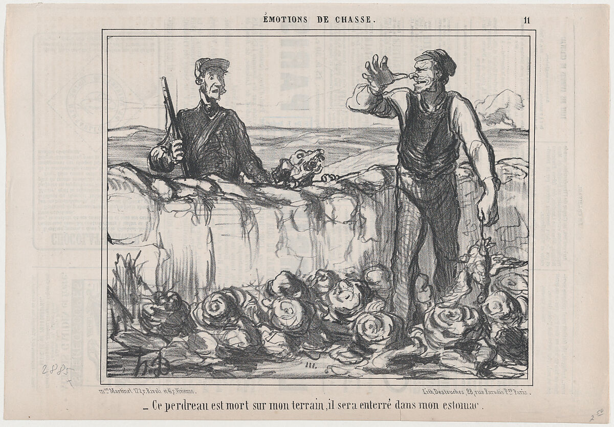 Ce perdreau est mort sur mon terrain..., from "Émotions de Chasse", Honoré Daumier (French, Marseilles 1808–1879 Valmondois), Lithograph on newsprint; second state of two (Delteil) 