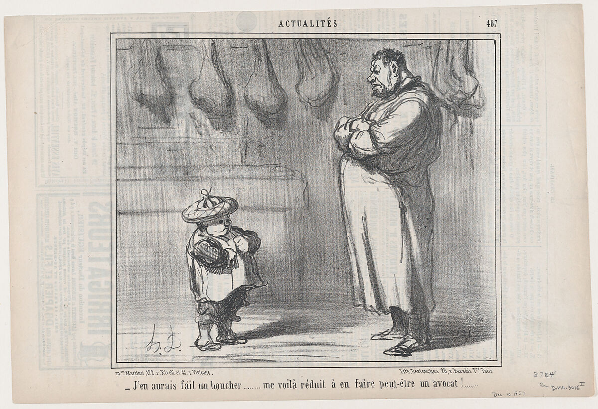 J'en aurais fait un boucher..., from Actualités, published in Le Charivari, December 10, 1857, Honoré Daumier (French, Marseilles 1808–1879 Valmondois), Lithograph on newsprint; second state of two (Delteil) 