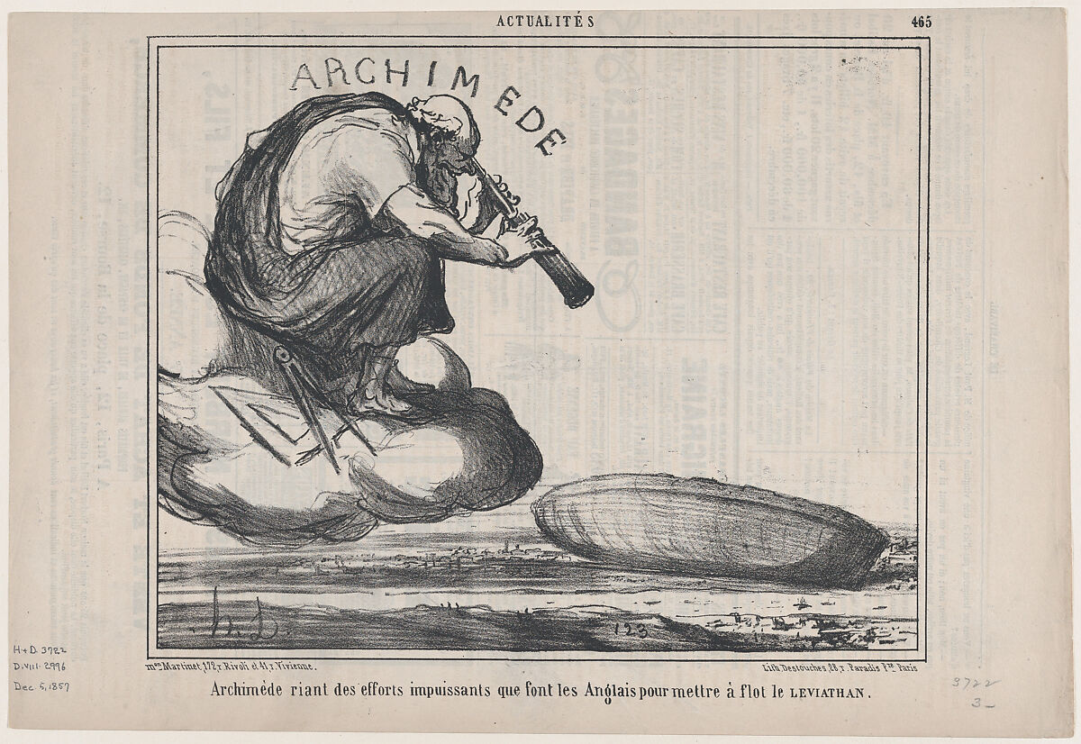 Archimède riant des efforts impuissants que font les Anglais pour mettre à flot le Leviathan, from Actualités, published in Le Charivari, December 5, 1857, Honoré Daumier (French, Marseilles 1808–1879 Valmondois), Lithograph on newsprint; second state of two (Delteil) 