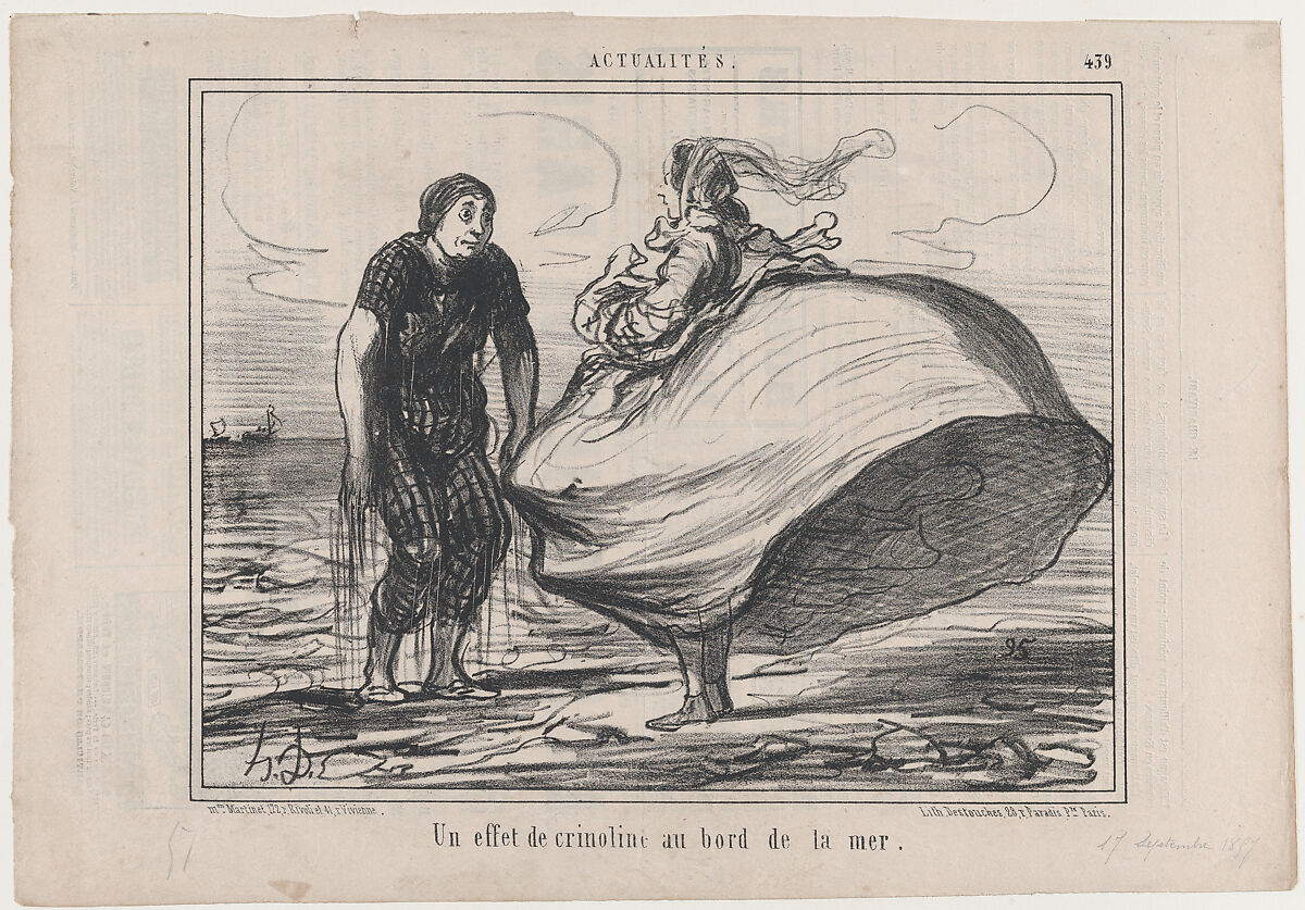 Un effet de crinoline au bord de la mer, from Actualités, published in Le Charivari, September 17, 1857, Honoré Daumier (French, Marseilles 1808–1879 Valmondois), Lithograph on newsprint; second state of two (Delteil) 