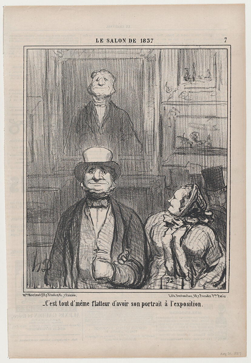 C'est tout d'même flatteur d'avoir son portrait à l'exposition, from Le Salon de 1857, published in Le Charivari, August 31, 1857, Honoré Daumier (French, Marseilles 1808–1879 Valmondois), Lithograph on newsprint; second state of two (Delteil) 