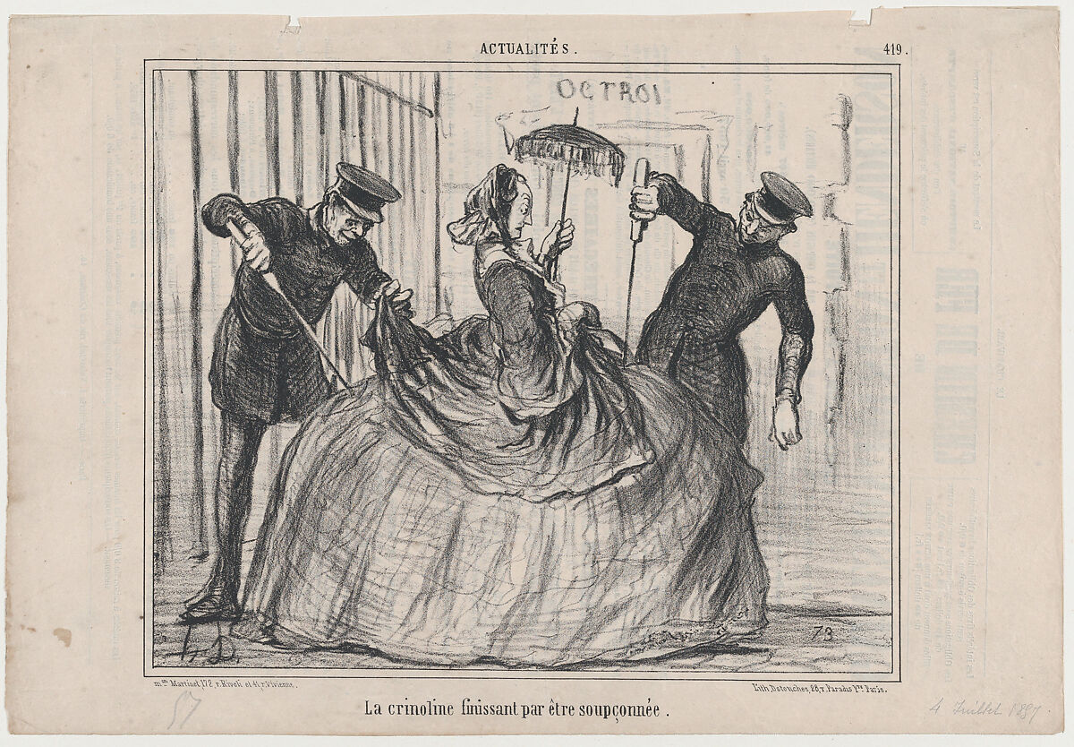 La crinoline finissant par être soupçonnée, from Actualités, published in Le Charivari, July 4, 1857, Honoré Daumier (French, Marseilles 1808–1879 Valmondois), Lithograph on newsprint; second state of two (Delteil) 