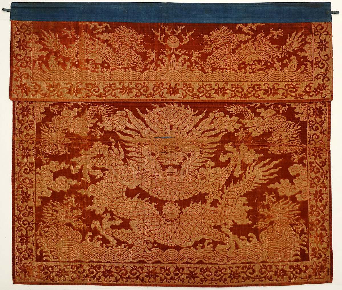 Two table valances with dragons, Silk velvet with gold thread, China
