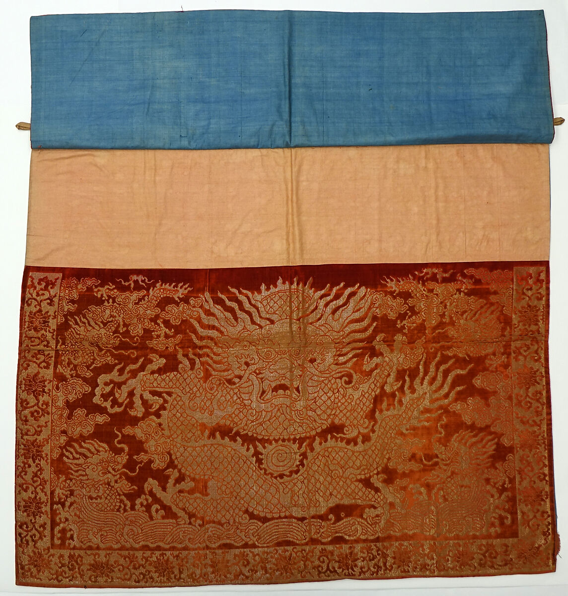 Two table valances with dragons, Silk velvet with gold thread, China