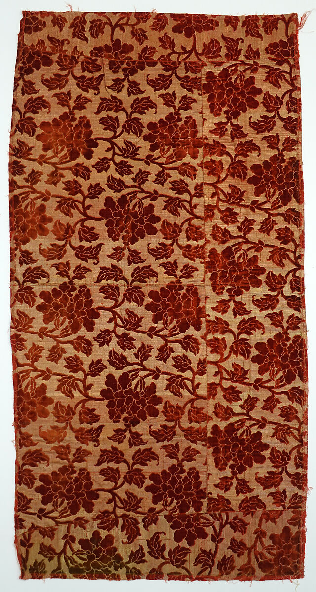 Two textiles with flowers, Silk voided cut velvet with metal thread, China