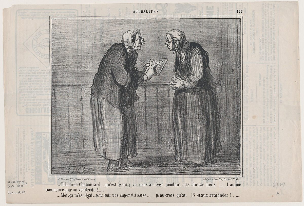 Oh! mame Chaboulard,.....qu'est ce qu'y va nous arriver pendant ces douze mois...., from Actualités, published in Le Charivari, January 11, 1858, Honoré Daumier (French, Marseilles 1808–1879 Valmondois), Lithograph on newsprint; second state of two (Delteil) 