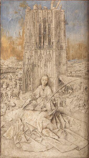 Saint Barbara, Jan van Eyck (Netherlandish, Maaseik ca. 1390–1441 Bruges), Metalpoint, brush drawing, and oil on wood 