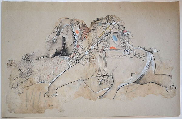 Study for Rao Ram Singh I Hunting Rhinoceros on an Elephant, Attributed to The Kota Master (Indian, active early 18th century), Ink with touches of color over charcoal underdrawing on paper, Western India, Rajasthan, Kota 