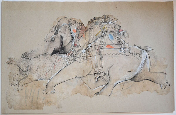 Study for Rao Ram Singh I Hunting Rhinoceros on an Elephant, Attributed to the Kota Master (Indian, active early 18th century), Ink with touches of color over charcoal underdrawing on paper, Western India, Rajasthan, Kota 