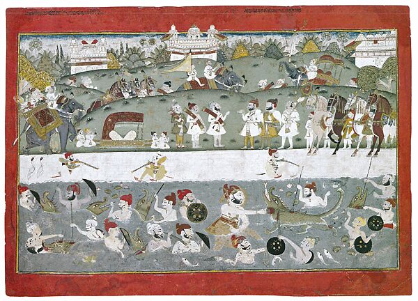 Maharaja Kumar Isri Singh’s Crocodile Hunt, Opaque watercolor and gold on paper, Western India, Rajasthan, Jaipur or Unaira 