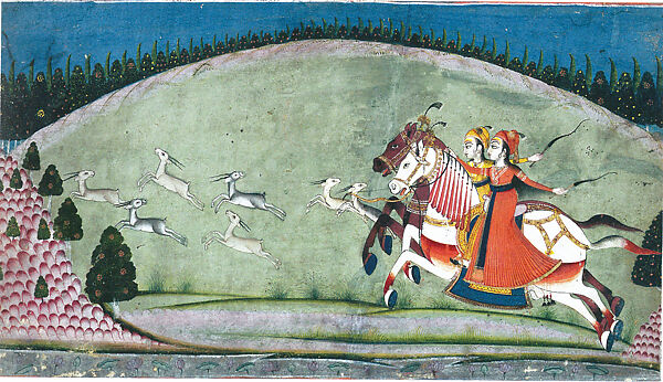Ladies of the Court Hunting, Opaque watercolor and gold on paper, Western India, Rajasthan, Bikaner 