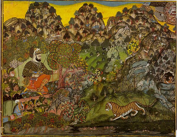 Rawat Gokul Das II Hunting Tigers, Attributed to Bagta (active ca. 1761–1814), Opaque watercolor, ink, and gold on paper, Western India, Rajasthan, Devgarh 