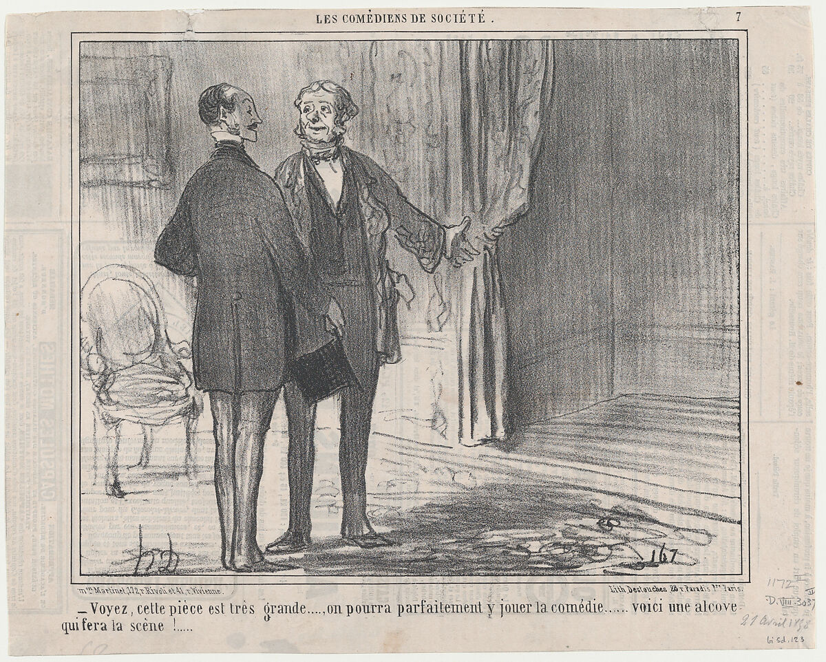Voyez, cette pièce est très grande..., from Les Comédiens de Société, published in Le Charivari, April 27, 1858, Honoré Daumier (French, Marseilles 1808–1879 Valmondois), Lithograph on newsprint; second state (Delteil)