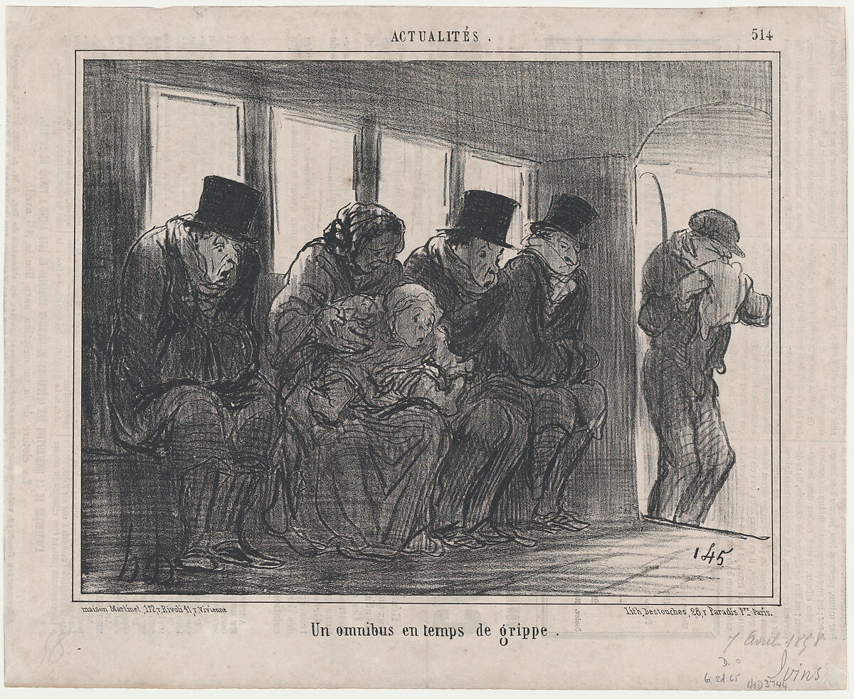 Un omnibus en temps de grippe, from Actualités, published in Le Charivari, April 7, 1858, Honoré Daumier (French, Marseilles 1808–1879 Valmondois), Lithograph on newsprint 