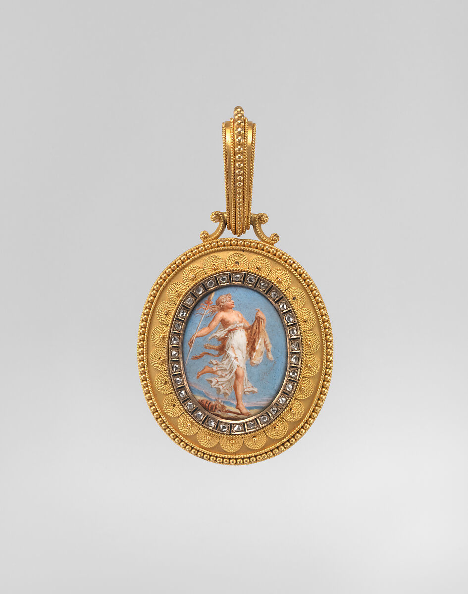 Etruscan revival pendant, Probably Eugêne Fontenay (French, 1823–1887), Gold, enamel, diamond, French 