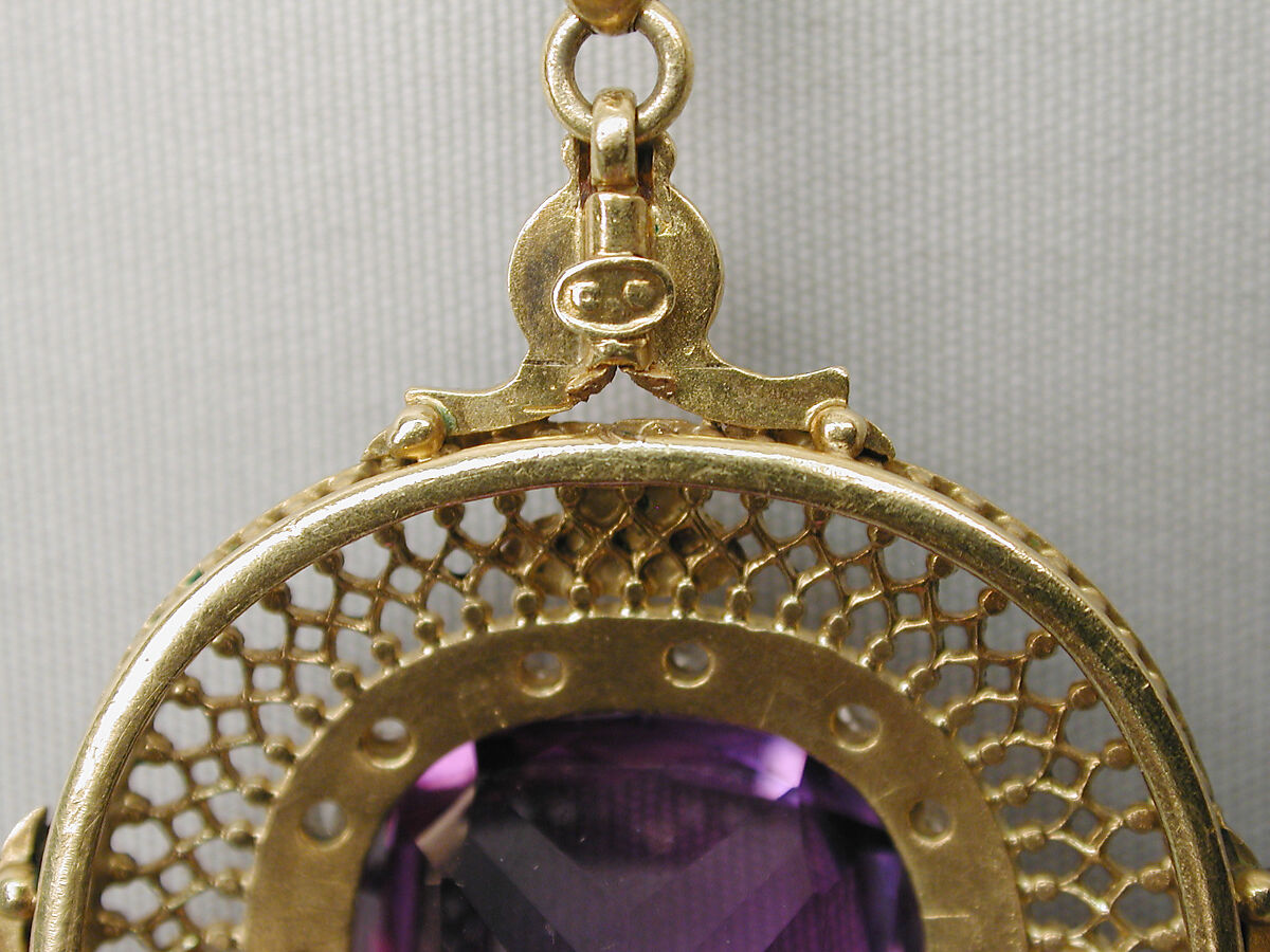 Renaissance revival pendant on chain, Carlo Giuliano (Italian, active England, ca. 1831–1895), Gold, amethyst, enamel, pearl, diamond, British