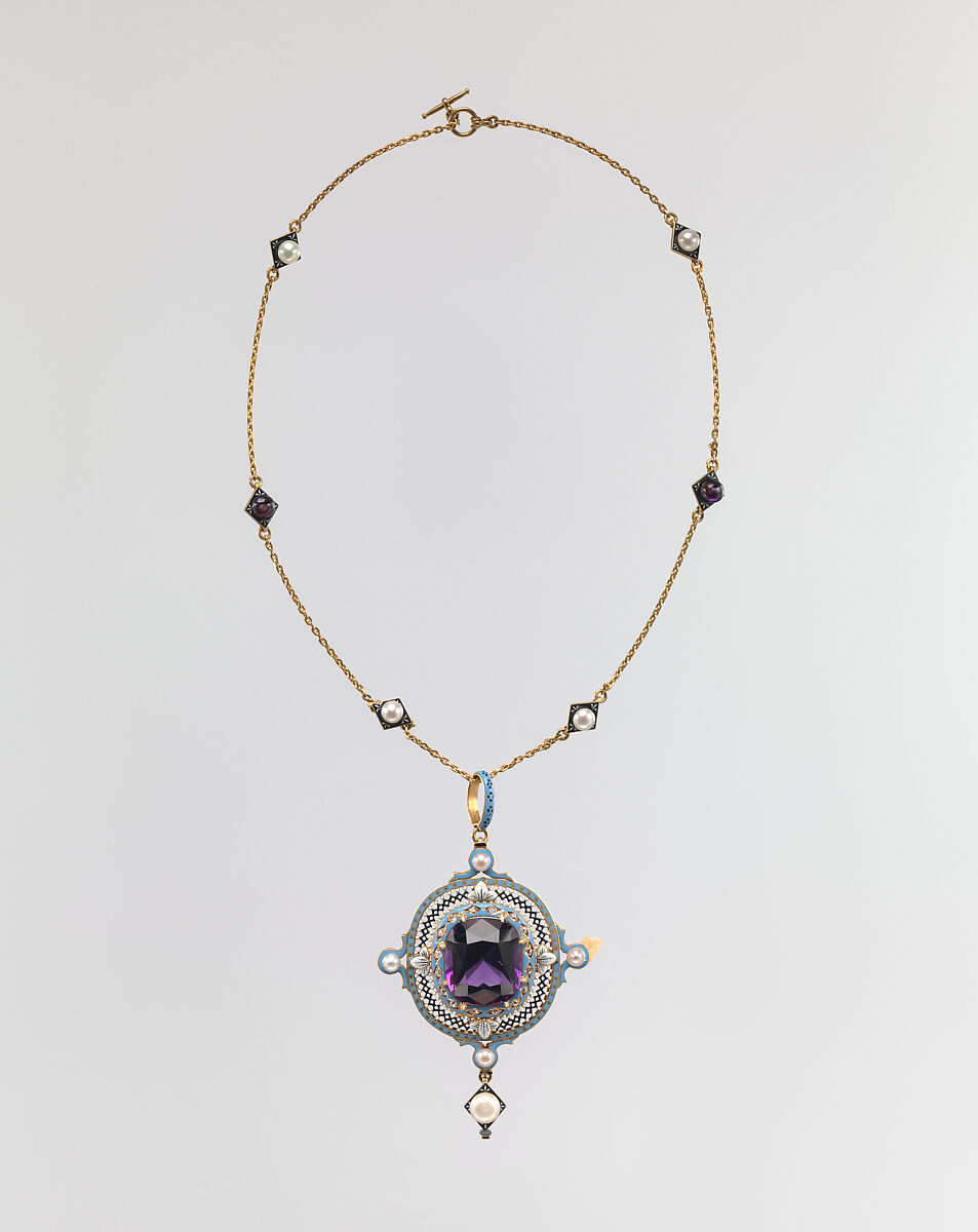 Renaissance revival pendant on chain, Carlo Giuliano (Italian, active England, ca. 1831–1895), Gold, amethyst, enamel, pearl, diamond, British 