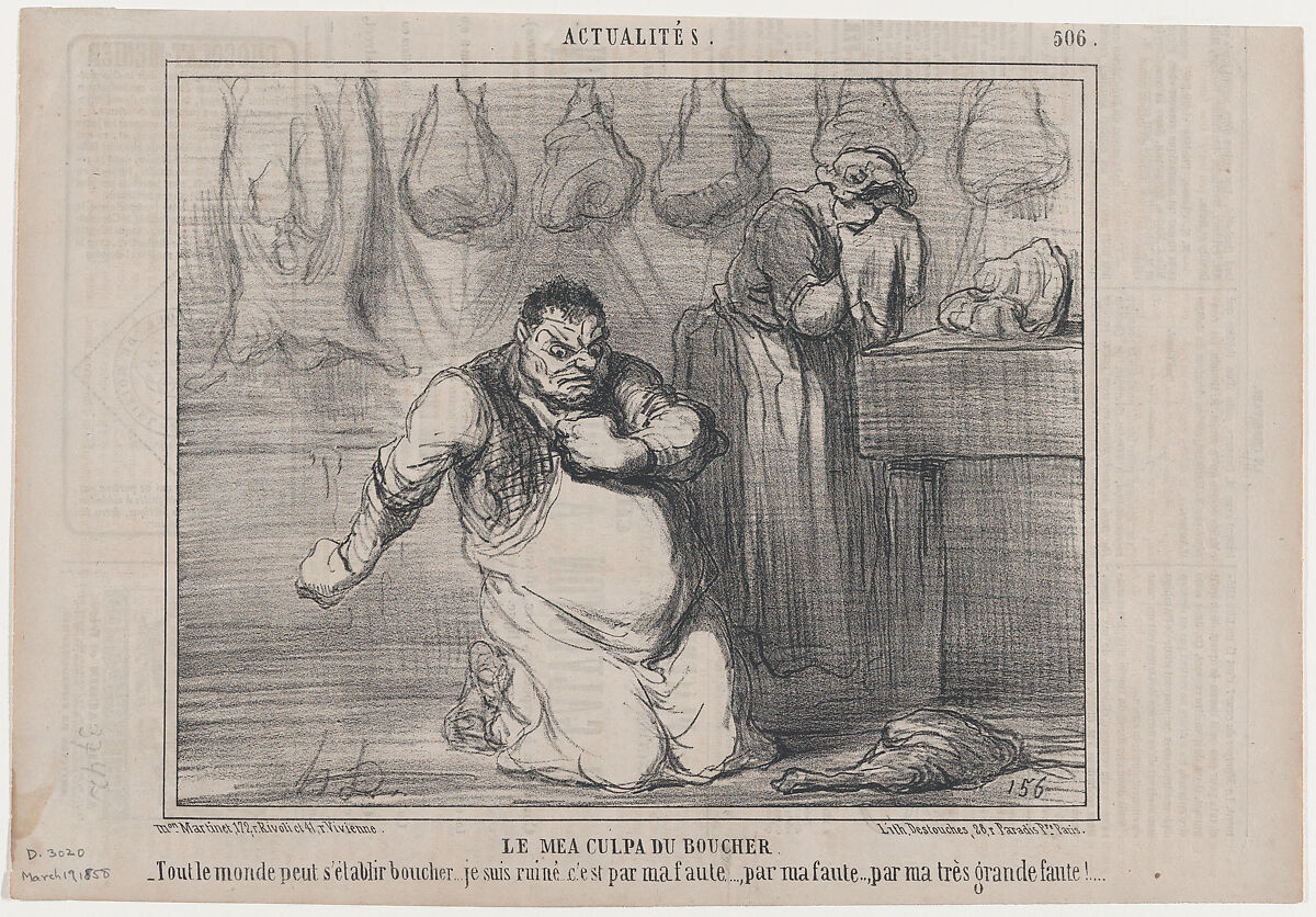 Le mea culpa du boucher, from Actualités, published in Le Charivari, March 19, 1858, Honoré Daumier (French, Marseilles 1808–1879 Valmondois), Lithograph on newsprint; second state of two (Delteil) 