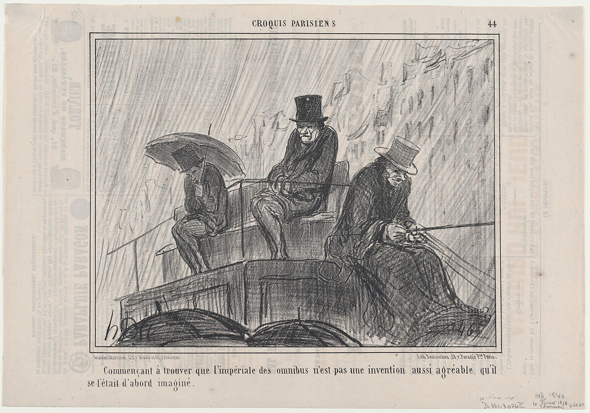 Commençant à trouver que l'imperiale des omnibus..., from Croquis Parisiens, published in "Le Charivari", Honoré Daumier (French, Marseilles 1808–1879 Valmondois), Lithograph on newsprint; second state (Delteil) 