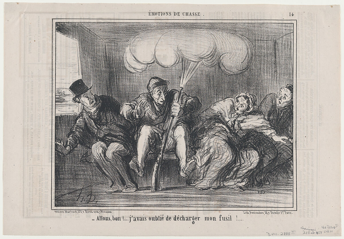 Allons bon!..... j'avais oublié de décharger mon fusil!...., from Émotions de Chasse, published in Le Charivari, February 21, 1858, Honoré Daumier (French, Marseilles 1808–1879 Valmondois), Lithograph on newsprint; second state of two (Delteil) 