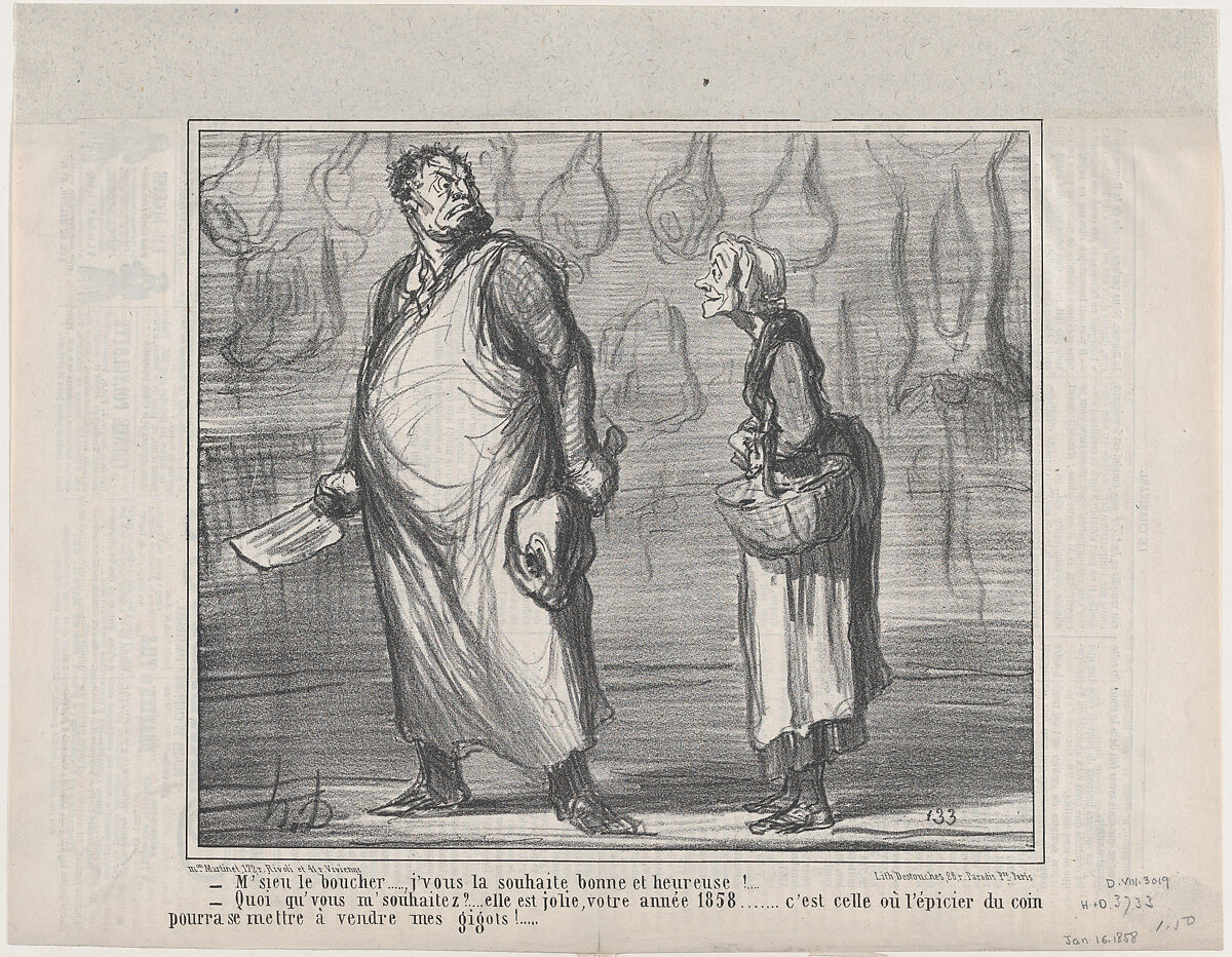 M'sieu le boucher..., j'vous la souhaite bonne et heureuse!, from Actualités, published in Le Charivari, January 16, 1858, Honoré Daumier (French, Marseilles 1808–1879 Valmondois), Lithograph on newsprint; second state of two (Delteil) 