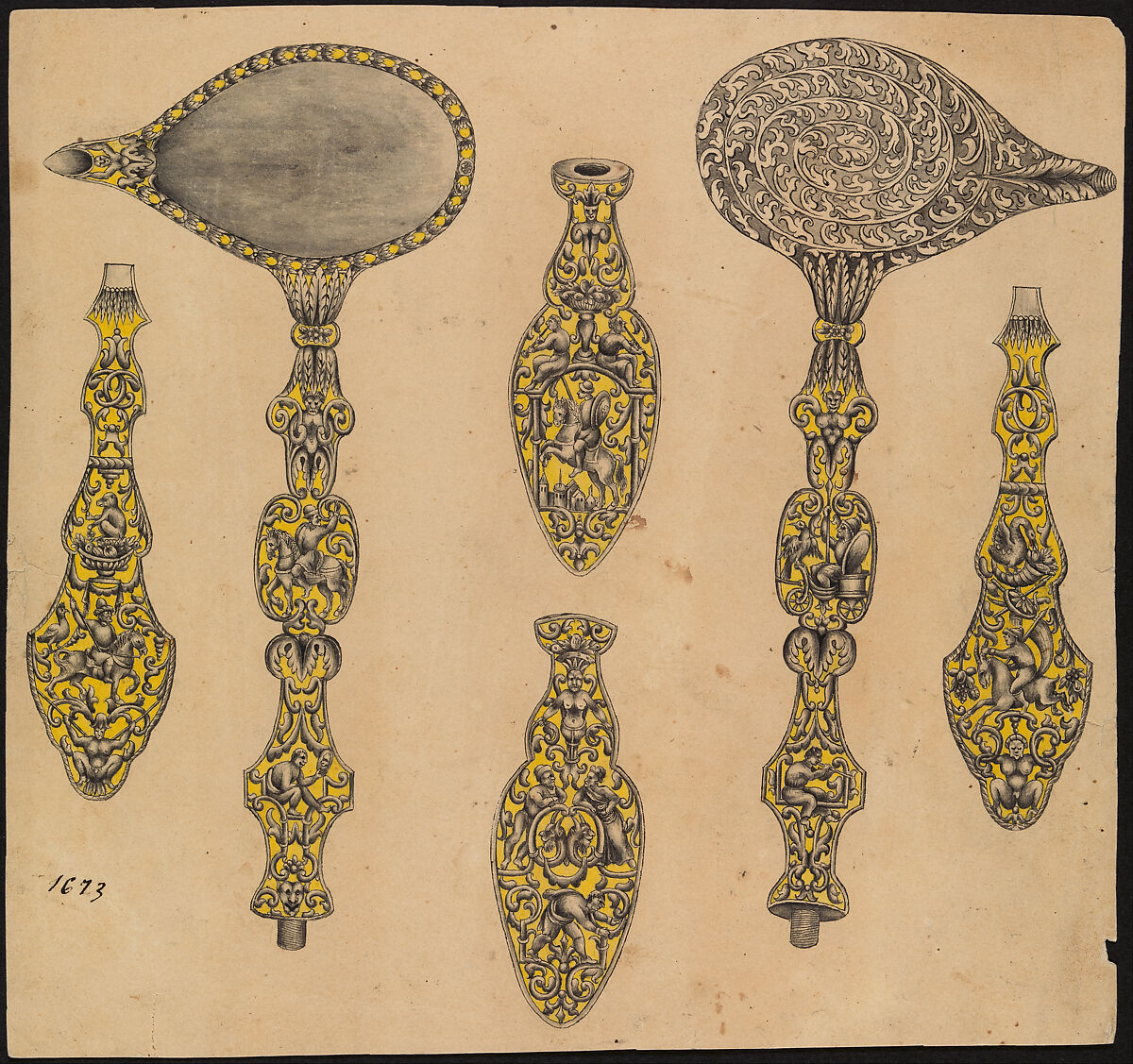 Design for the Decoration of Two Firearms Accessories, a Ladle and a Screwdriver, Eusebio Zuloaga (Spanish, Madrid and Eibar 1808–1898), Pen, ink, and colored wash on paper, Spanish 