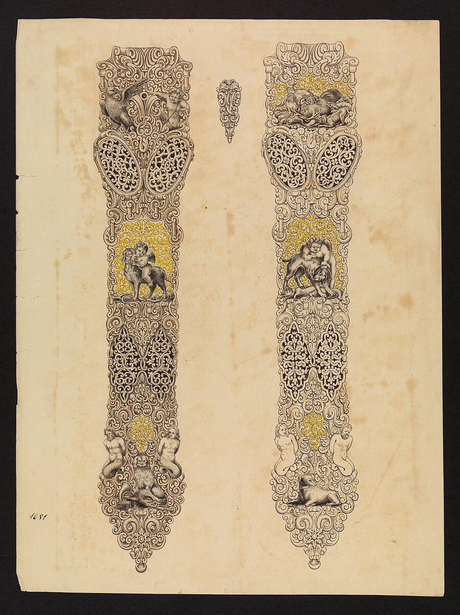 Design for Two Sides of a Dagger Sheath, Eusebio Zuloaga (Spanish, Madrid and Eibar 1808–1898), Pen, ink, and wash on paper, Spanish 
