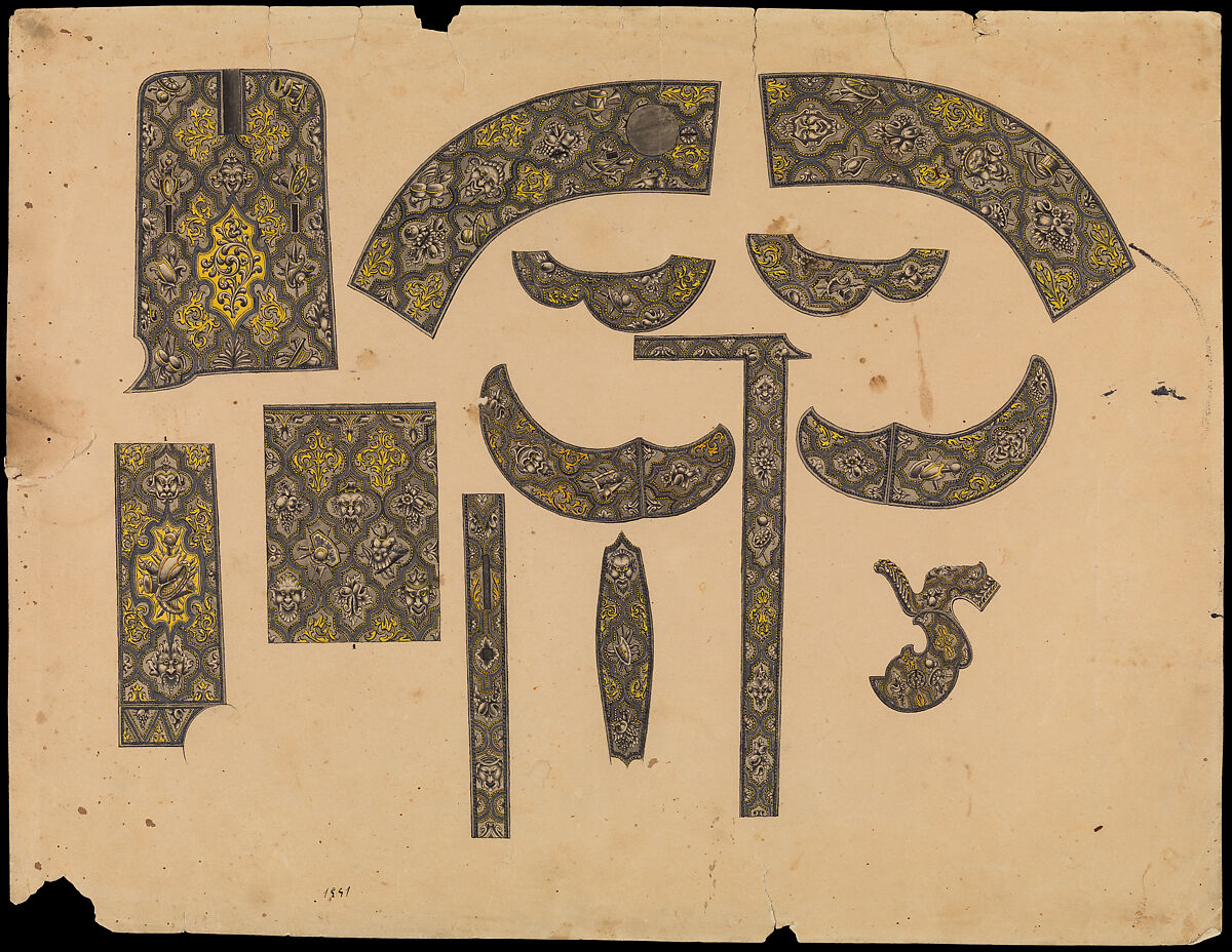 Designs for the Decoration of a Percussion Pistol, Eusebio Zuloaga (Spanish, Madrid and Eibar 1808–1898), Pen, ink, colored wash, and silver on paper, Spanish 