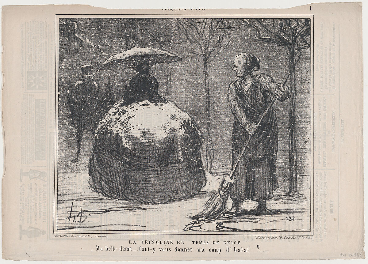 La crinoline en temps de neige, from Croquis d'Hiver, published in Le Charivari, November 13, 1858, Honoré Daumier (French, Marseilles 1808–1879 Valmondois), Lithograph on newsprint; second state of two (Delteil) 