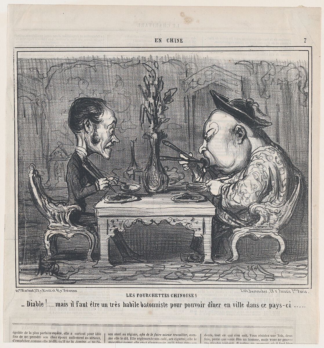 Les Fourchettes Chinoises, from En Chine, published in Le Charivari, December 27, 1858, Honoré Daumier (French, Marseilles 1808–1879 Valmondois), Lithograph on newsprint; second state of two (Delteil) 