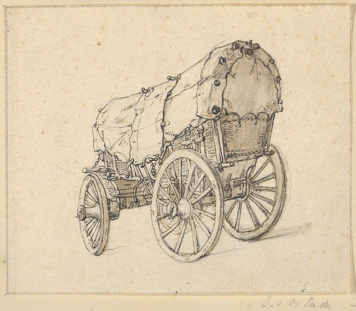 Study of a Covered Wagon, Isaac van Ostade (Dutch, Haarlem 1621–1649 Haarlem), Black chalk, pen and brown and black ink, brown wash; framing line in black chalk or graphite, by a later hand 