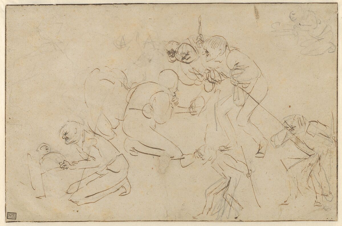 Studies for an Adoration of the Shepherds, Adriaen Brouwer (Flemish, Oudenaarde 1605/6–1638 Antwerp), Pen and brown ink, over black chalk; framing line in pen and brown ink, probably by a later hand 
