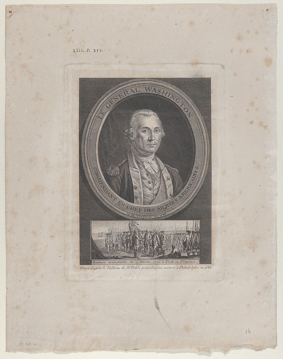 Le Général Washington, Commendant en Chef des Armées Americaines, né en Virginie en 1733 (General Washington, Commander in Chief of the American Armies, born in Virginia in 1733 [sic]), After Charles Willson Peale (American, Chester, Maryland 1741–1827 Philadelphia, Pennsylvania), Etching and engraving 