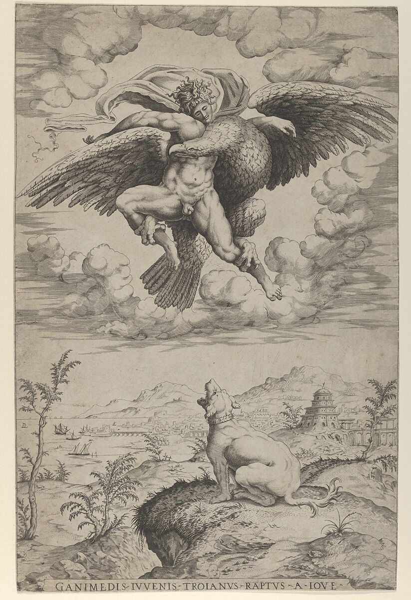 The Rape of Ganymede by Jupiter in the guise of an eagle carrying him into the heavens, his dog barking below, Nicolas Beatrizet (French, Lunéville 1515–ca. 1566 Rome (?)), Engraving 