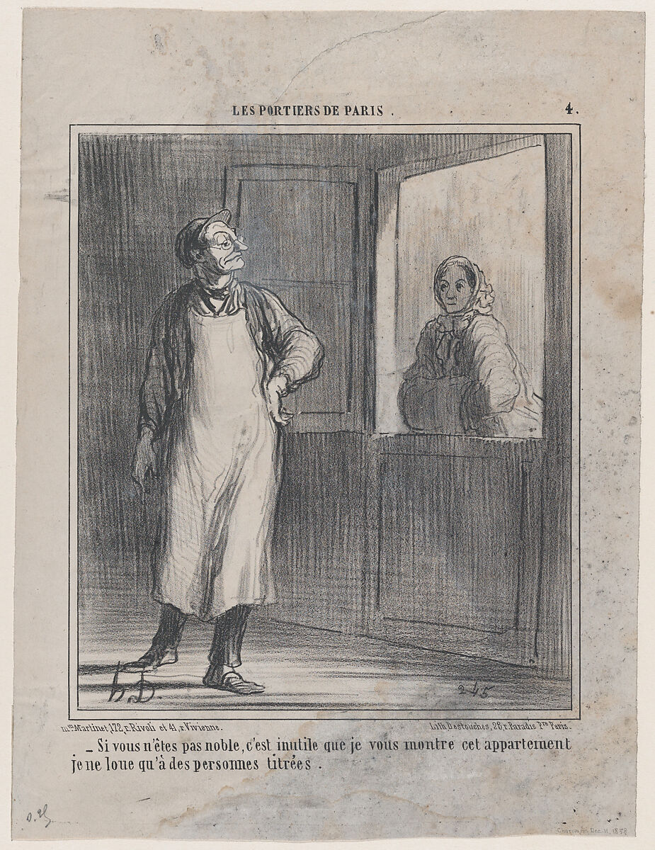 Si vous n'êtes pas noble..., from Les Portiers de Paris, published in Le Charivari, December 11, 1858, Honoré Daumier (French, Marseilles 1808–1879 Valmondois), Lithograph; second state of two (Delteil) 