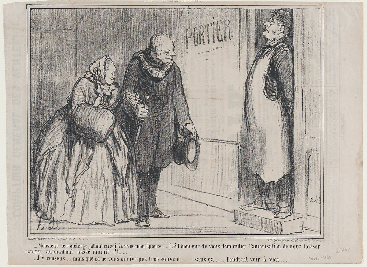 Monsieur le concierge, allant en soirée avec mon épouse..., from Les Portiers de Paris, published in Le Charivari, November 30, 1858, Honoré Daumier (French, Marseilles 1808–1879 Valmondois), Lithograph on newsprint; second state of two (Delteil) 