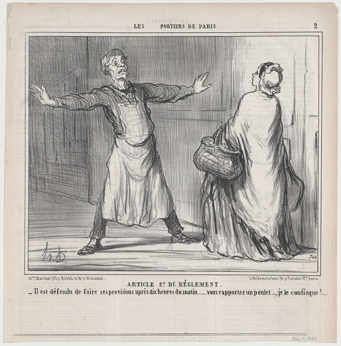 Article 27 du Réglement, from Les Portiers de Paris, published in Le Charivari, December 4, 1858, Honoré Daumier (French, Marseilles 1808–1879 Valmondois), Lithograph; second state of two (Delteil) 
