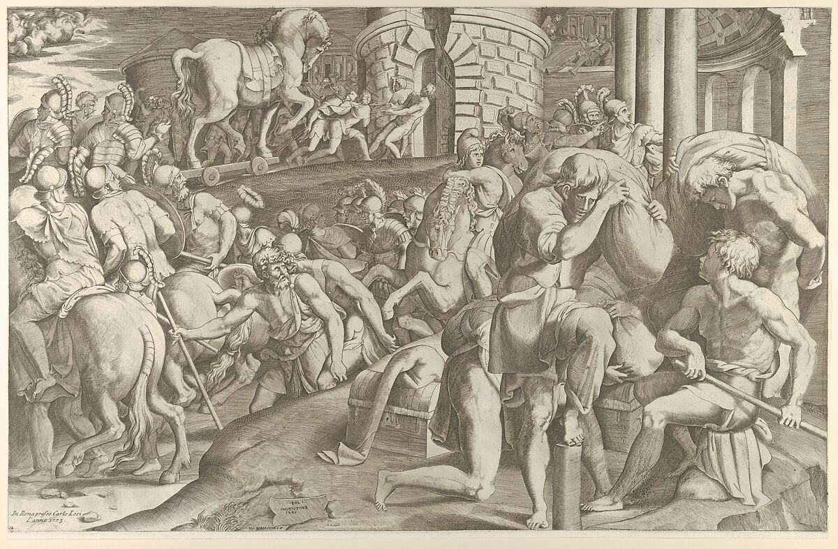 The Trojans hauling the wooden horse into Troy, Giulio Bonasone (Italian, active Rome and Bologna, 1531–after 1576), Engraving; third state of three 