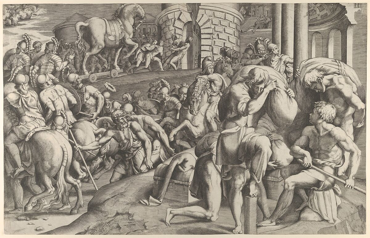 The Trojans hauling the wooden horse into Troy, Giulio Bonasone (Italian, active Rome and Bologna, 1531–after 1576), Engraving; first state of three 