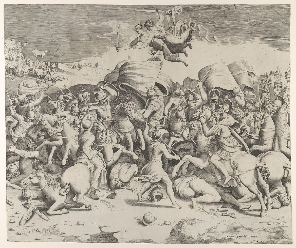 Constantine defeating the tyrant Maxentius, angels carrying swords fly above, Giulio Bonasone (Italian, active Rome and Bologna, 1531–after 1576), Engraving; second state of two 