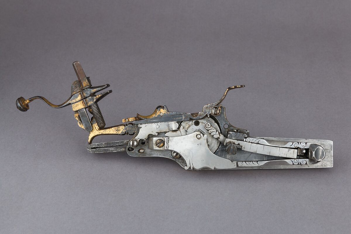 Wheellock Rifle with Spanner, Shot Extracting Tool, and Shooting Patch, Martin Kammerer (German, Augsburg, active 1654–67), Steel, iron, gold, wood, antler, copper alloy, enamel, bone, textile, German, Augsburg