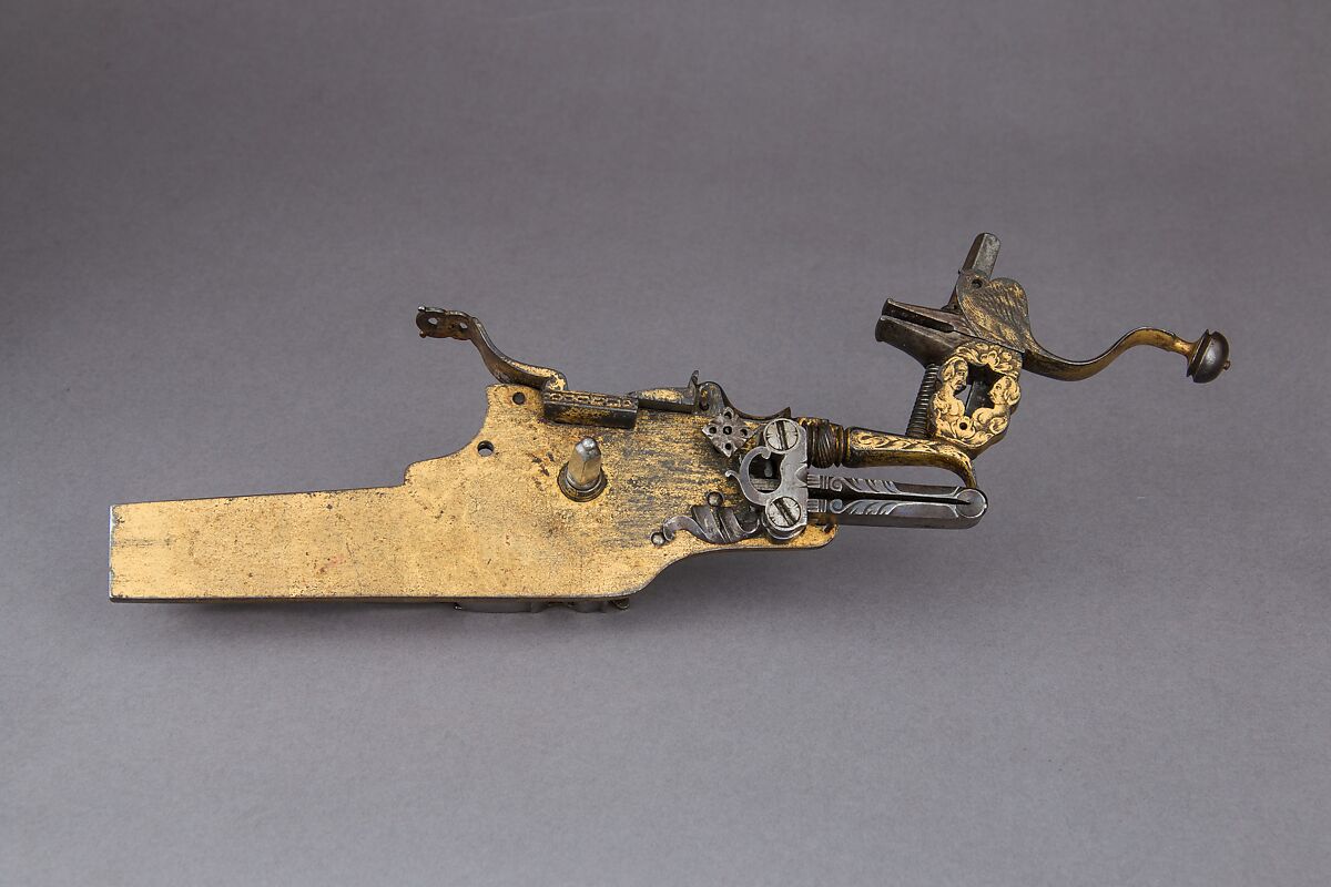 Wheellock Rifle with Spanner, Shot Extracting Tool, and Shooting Patch, Martin Kammerer (German, Augsburg, active 1654–67), Steel, iron, gold, wood, antler, copper alloy, enamel, bone, textile, German, Augsburg